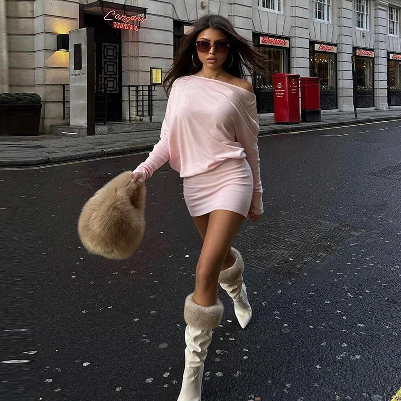 Diagonal Collar Long Sleeve Dress