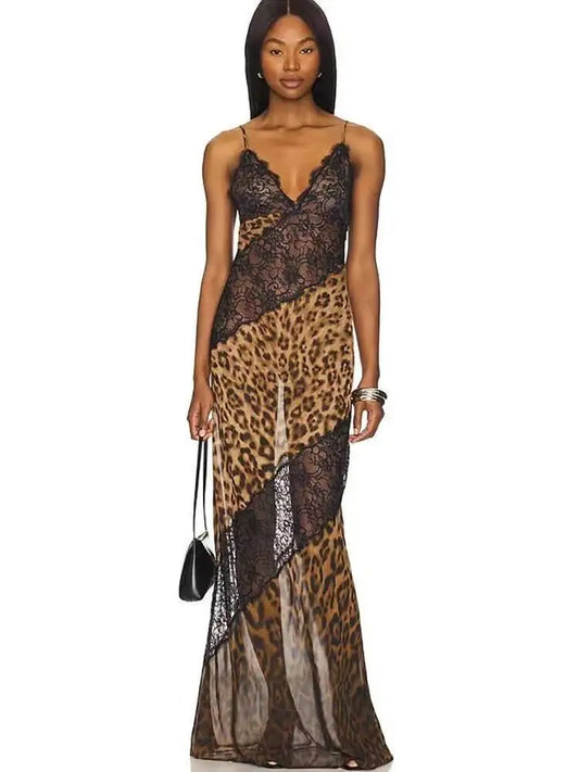 Leopard Print Spaghetti Strap Maxi Dress