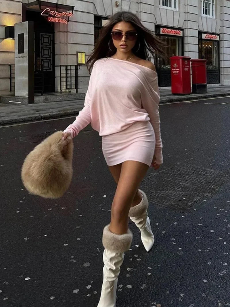 Diagonal Collar Long Sleeve Dress