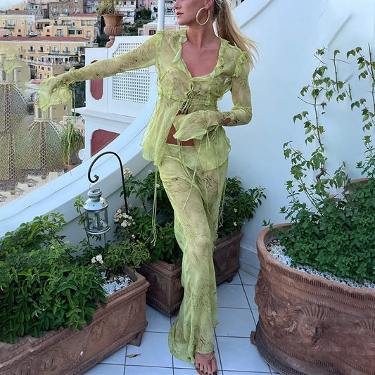 Print 2 Piece Set Ruffles Mesh Front Tie Up Top + Maxi Skirt